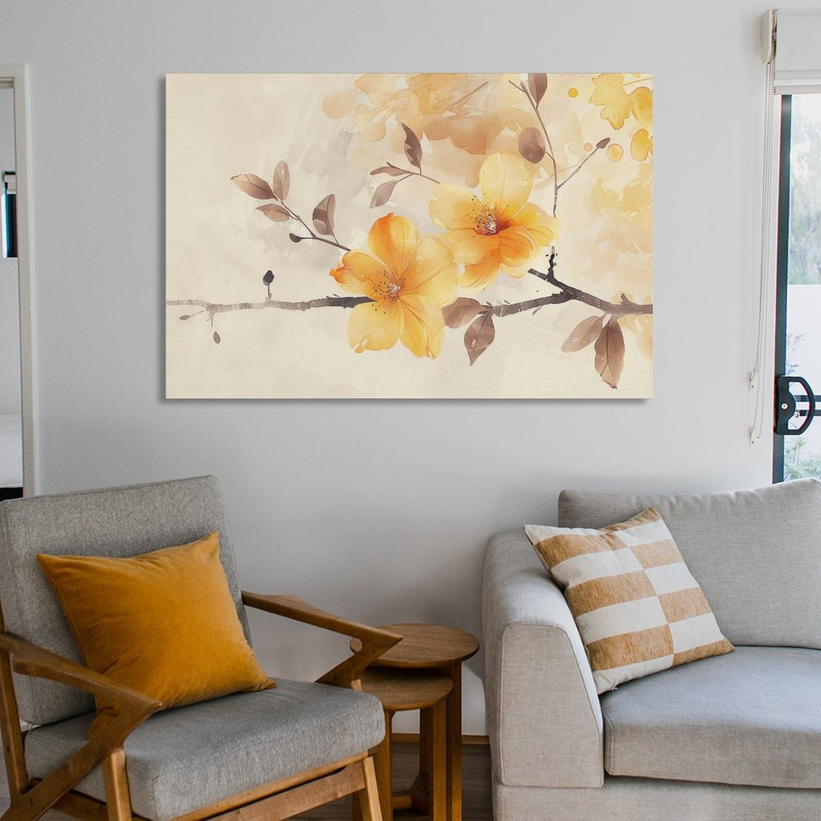 Amazon.co.jp: 絵画 枝に 2 つの美しい小さな黄色の花インテリア 絵画